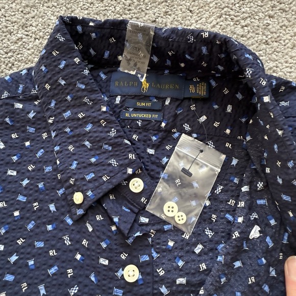 Polo Ralph Lauren Mens XL Slim Fit RL Untucked SEERSUCKER Flag Pony Shirt Blue - Picture 3 of 6